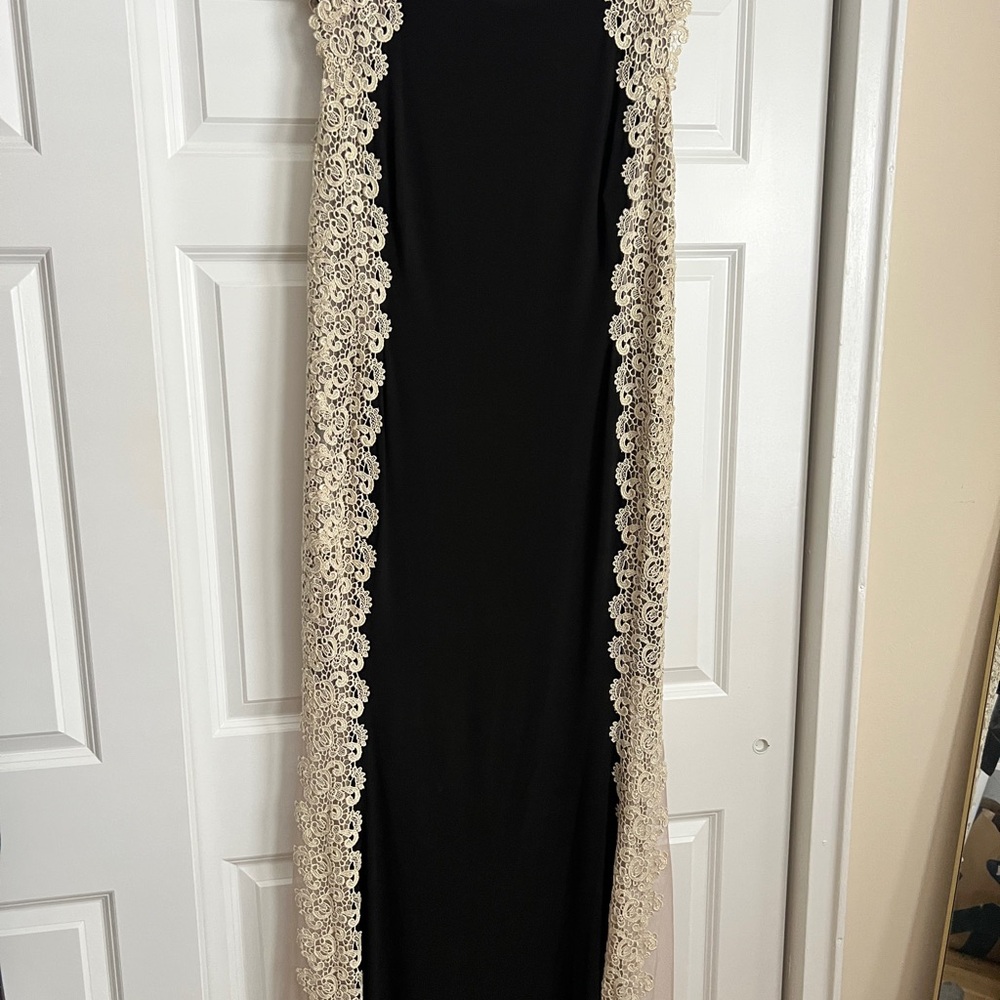 Xscape Black Dress with Cream Lace Detail